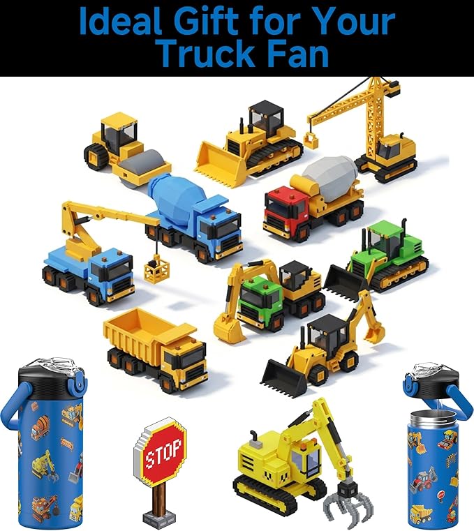 MYFOREST 14oz/400ml Insulated Kids Water Bottle, Odor-Free Surgical Grade Liner, Dishwasher-Safe, Name Spot, Soft Sipper, Gift for Big Machine Fan (Construction Vehicles)