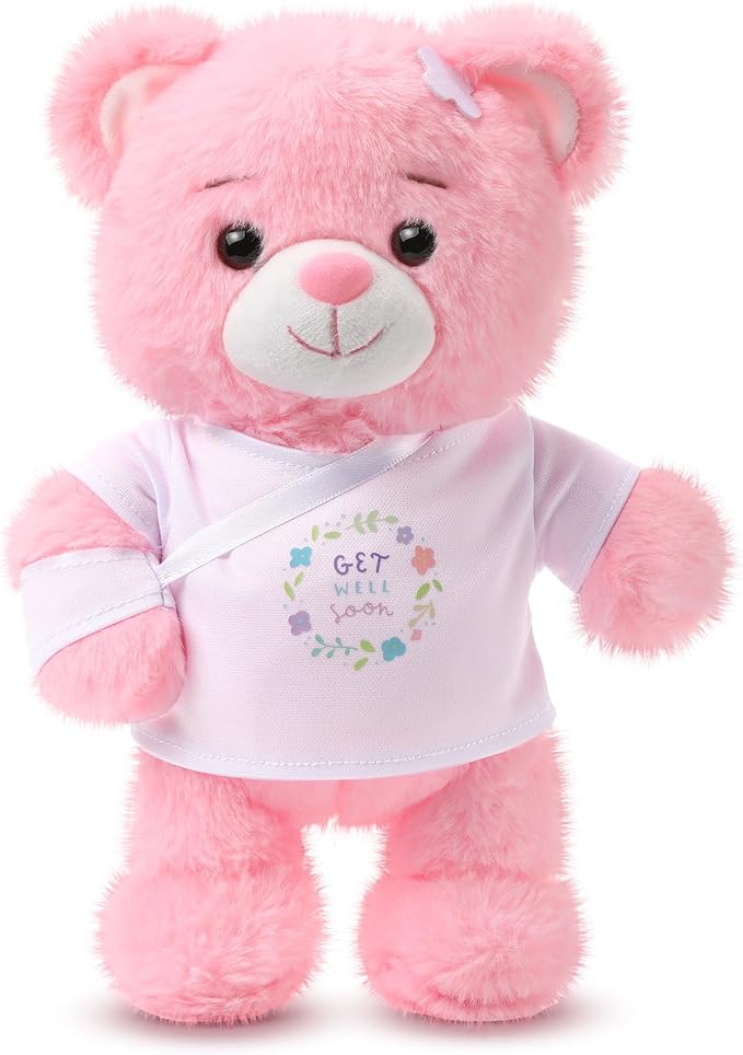 Deekin Get Well Soon Gifts for Kids Injured Recovery Bear Stuffed Animal Gifts Bear for Kids Adult with Broken Arm After Surgery Soft Bandage Plush 10 Inches(Pink,Arm Injury)