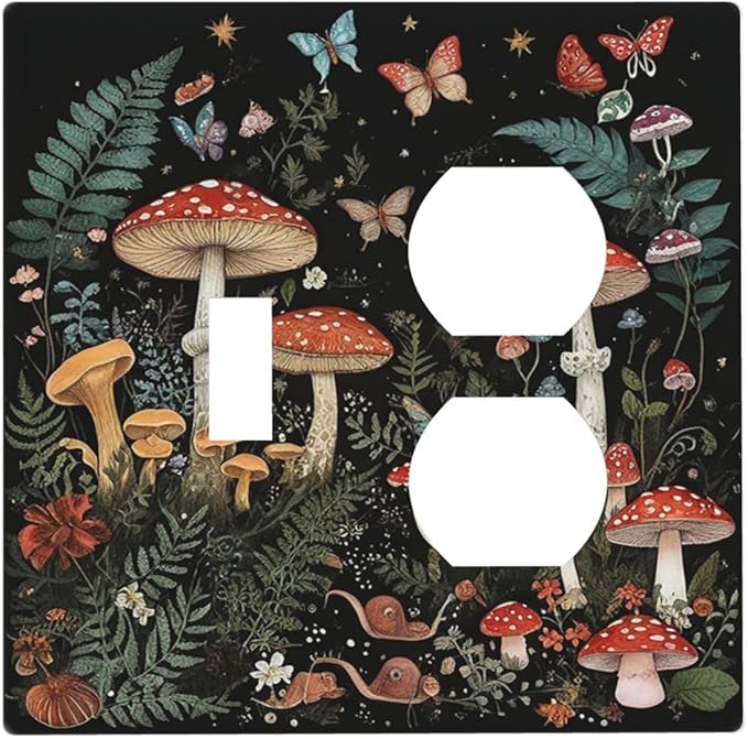 Cartoon Floral Mushroom Forest Butterfly Flowers Wallplates 1 Toggle 1 Duplex Electrical Gfci Faceplate Decorative Light Switch Covers Switch Plate for Bedroom Kids Room Decor
