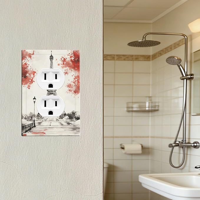 Parisian Watercolor Eiffel Tower Duplex Wall Plate - 1-Gang Standard US Size Paris Cherry Blossoms Romantic Outlet Covers, Vintage French Watercolor for Bedroom Decor