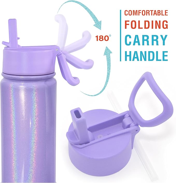 CHILLOUT LIFE 17 oz Kids Insulated Water Bottle with Straw Lid Leakproof and Cute Waterproof Stickers, Personalized Stainless Steel Thermos Flask Metal Water Bottle, Purple Sparkle