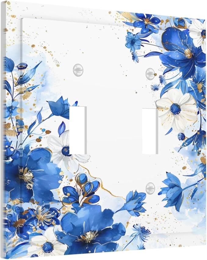 Klein Blue Flowers Watercolor Golden White Floral Decorative Switch Plates 2 Gang Double Toggle Outlet Light Switch Cover Wall Plate Electrical Faceplate for Bedroom Living Room Decor