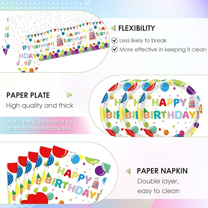 41Pcs Happy Birthday Decorations Colorful Birthday Party Supplies Set Rainbow Color Balloons Design Happy Birthday Paper Plates Napkins Tablecloth丨Birthday Decorations for Boys Girls Kids,Serve 20