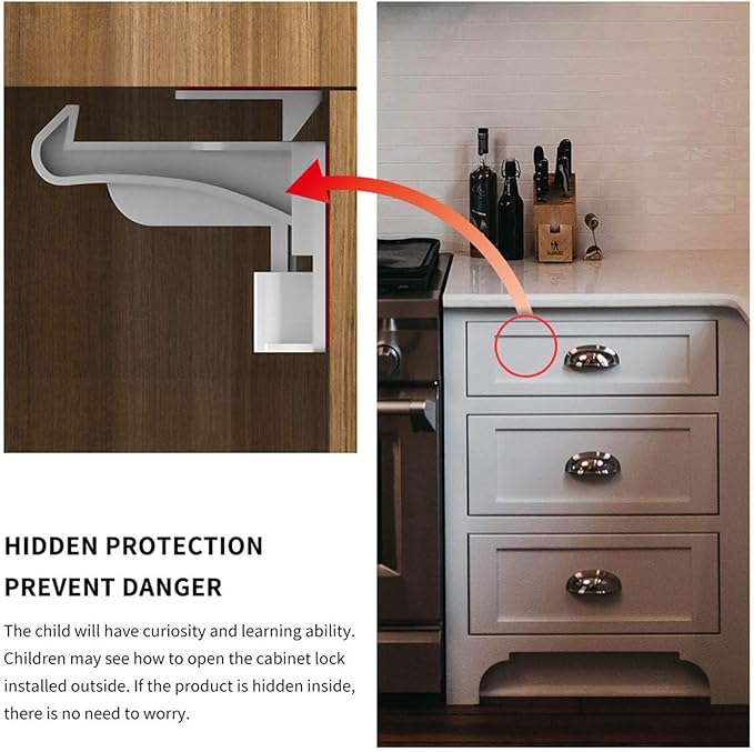 2 Pack Upgraded Invisible Baby Proofing Cabinet Latch Locks – No Drilling or Tools Required, Strong Adhesive, Works with Countertop Overhangs, Secure Child Safety Locks for Cabinets & Drawers