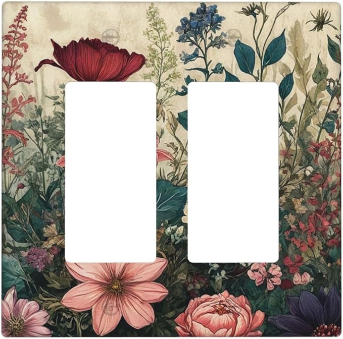 Decorative Outlet Covers Rustic Wildflower Red Floral Green Plant 2 Gang Wall Plate Double Rocker Two Switch Wall Cover Plate Jumbo Dual Electrical GFCI Face Plate