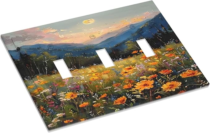 Sunset Wild Flower Field Floral Nature Landscape Decorative Switch Plates 3 Gang Wall Plate Triple Toggle Light Switch Cover Faceplate Electrical Wall Panels for Farmhouse Bedroom Decor