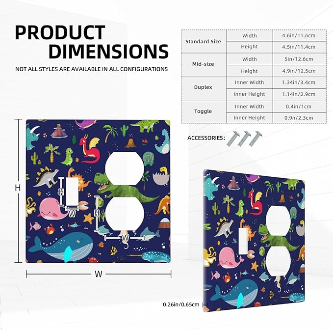 Cartoon Funny Cool Fun Navy Blue Dinosaur 2-Gang 1-Toggle 1-Duplex Device Combination Wallplate Ocean Whale Seahorse Animal One Toggle Switch and One Duplex Receptacle Outlet Combo Light Switch Cover