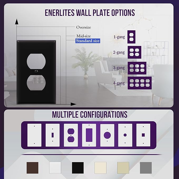ENERLITES Duplex Receptacle Outlet Wall Plate, Size 1-Gang 4.50" x 2.76", Unbreakable Polycarbonate Thermoplastic, UL Listed, 8821-BK-20PCS, Black (20 Pack)