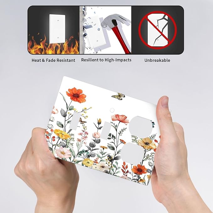 Colorful Butterfly Blossom Flower Floral 3-Gang 2-Toggle 1-Duplex Receptacle Combination Light Switch Decorative Triple Combo Device Switches/Rocker Outlet Covers and Wall Plate