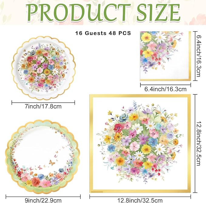 WERNNSAI Wildflower Party Decorations - 48PCS Floral Plates and Napkins Wildflower Tableware Set Spring Floral Party Supplies for Kids Girls Birthday Baby Shower Picnic Wedding Serves 16 Guests