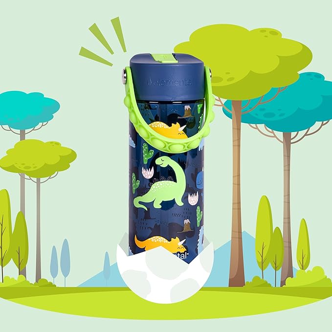 Elemental Water Bottles for Kids - Splash Kids Water Bottle for School with Pop-it Handle - BPA Free Tritan Plastic Water Bottle with Straw Leak Proof when Spout is Closed - Dinosaur- 18oz
