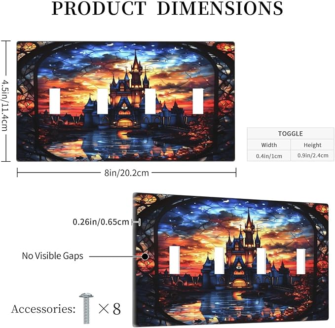 Medieval Fantasy Castle Magic Academy Light Switch Covers Quad Toggle Electrical Faceplate 4 Gang Wall Plate Decorative Switch Plates Cover for Kids Room Bedroom Decor