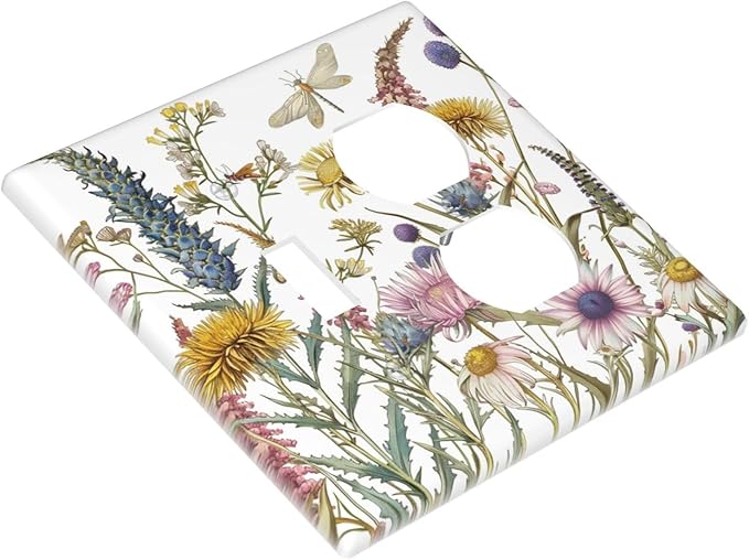 Light Switch Cover Plate Botanical Wildflowers Dragonfly Colorful Floral 2 Gang Decorative Switch Plates 1 Toggle Duplex Combo Outlet Covers GFCI Wall Plates for Bathroom Bedroom Decor