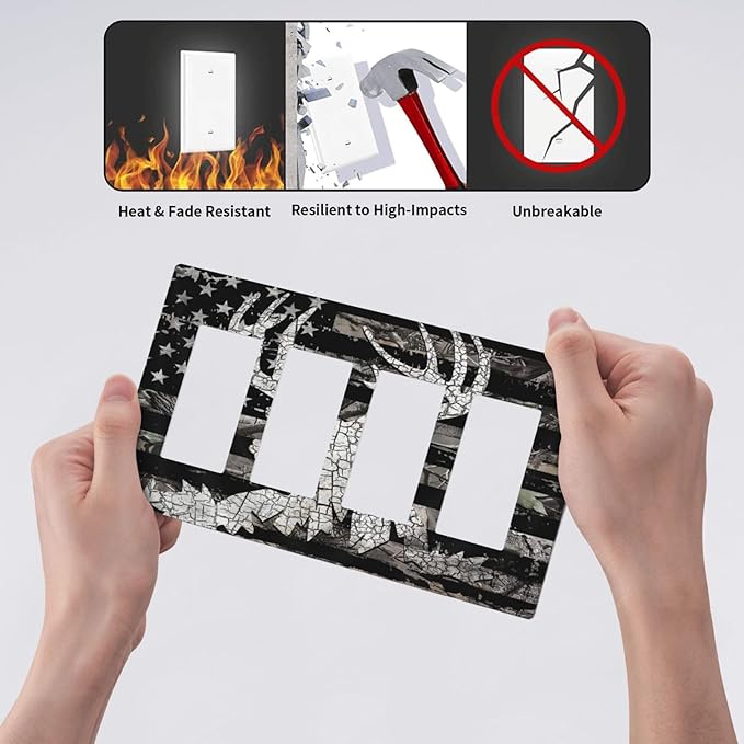 American Flag Forest Antler Deer Elk 4 Gang Quad Rocker Light Switch Cover Plate Decorative Electric Faceplate Switchplate Living Room Bedroom Decorate Jumbo Screwless