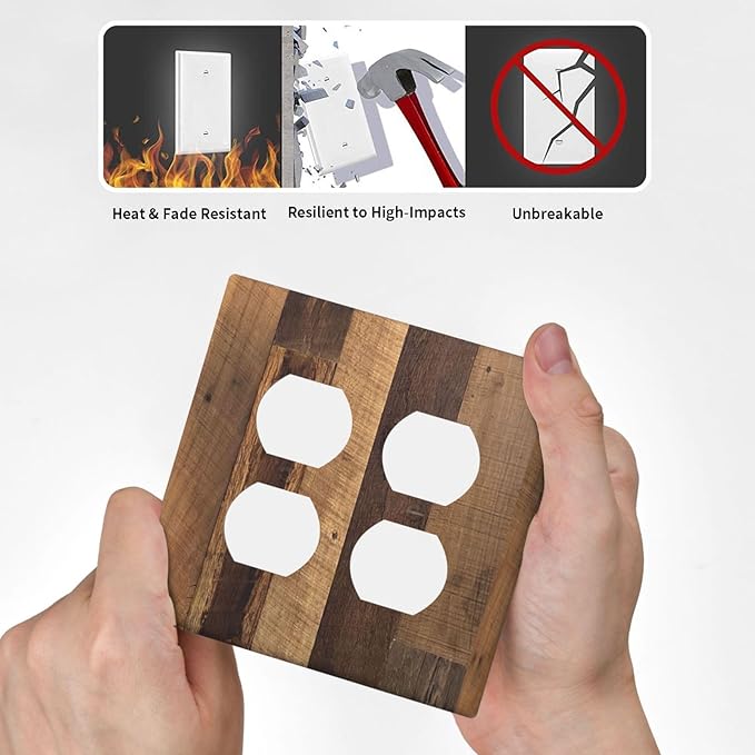 Outlet Covers Natural Wood Brown Wooden Planks 2 Gang Double Duplex Decorative Light Switch Covers Electrical Wallplates Socket Faceplate For Farmhouse Cabin Decor