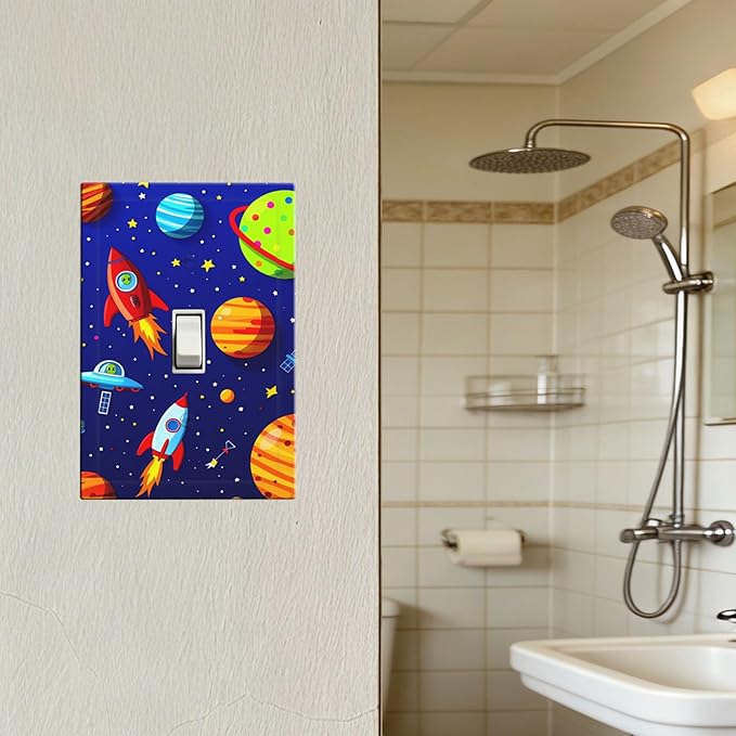 Planets Rockets & Aliens 1-Gang Toggle Light Switch Plate, Cosmic Space Decorative Wall Plate for Boys Bedroom