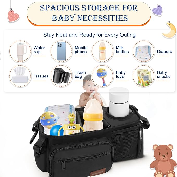 Stroller Organizer Bag with Insulated Cup Holder & Adjustable Dividers, Non-Slip Stroller Caddy with Multiple Pockets, Fits 14"-19" Handles, Water-Resistant, Black