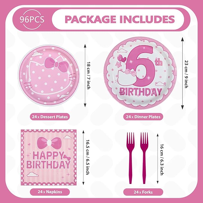 96 Pcs Pink Kitten 6th Birthday Decorations Pink Cat Plates and Napkins Disposable Tableware Set Cute Cartoon 6th Birthday Decoration for 6 Years Old Girl Cat Theme Birthdays Party Supplies Serves 24
