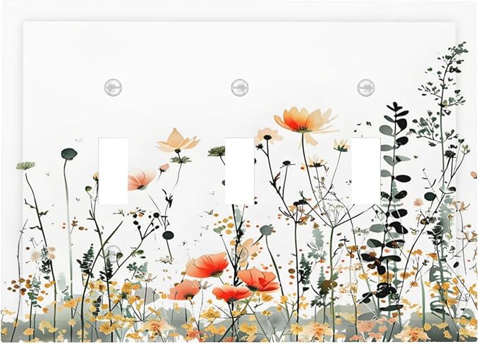 Vintage Country Style Watercolor Leaves Wildflowers Floral Decorative Switch Plates 3 Gang Wall Plate Triple Toggle Light Switch Cover Faceplate Electrical Wall Panels for Bedroom Living Room Decor