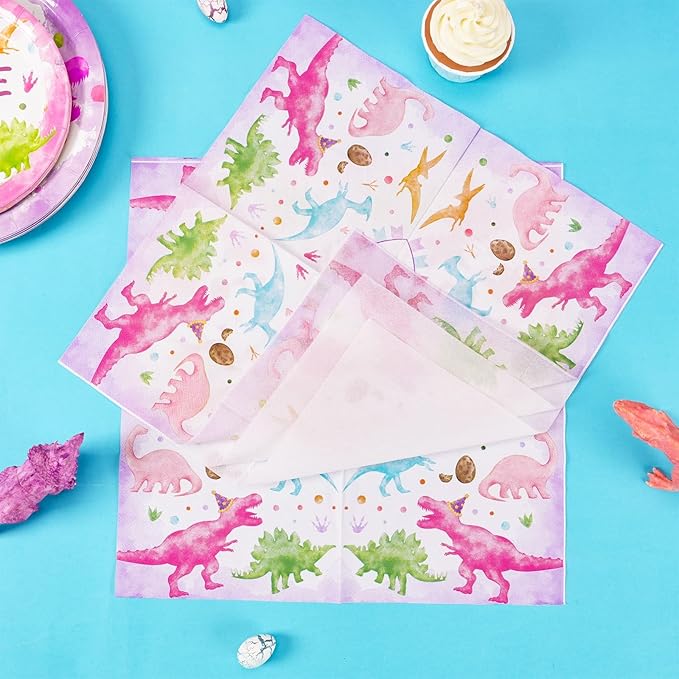 WERNNSAI Three Rex Birthday Decorations - 48 PCS 3rd Plates and Napkins Pink Dinosaur Birthday Decorations Dino Party Supplies Dinosaur Party Favors for Girls Serves 16 Guests