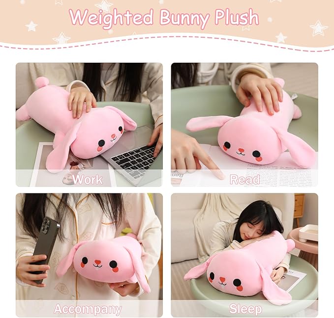 SQEQE Weighted Bunny Plush, Weighted Bunny Stuffed Animal, Cute Plushies Soft Pink Pillow Toy Gift for Kids Adults 13.8 Inch, 1.6 Lbs