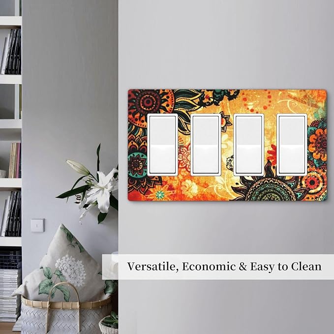 Red Orange Boho Bohemian Flower Floral 4 Gang Quad Rocker Light Switch Cover Decorative Quadruple Device GFCI/Decorator Wall Plate Electric Faceplate Screwless