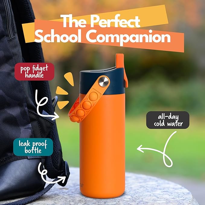 Elemental Insulated Kids Water Bottle, Stainless Steel Water Bottle with Straw Lid & Pop-It Handle, Leak-Proof Water Bottles for School, Boys or Girls, Travelling and Sports, 18oz - Orange Tie Dye