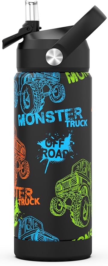 Monster Trucks Boys Water Bottle with Straw,18 oz Kids Insulated Cups with Stainless Steel Leak Proof for School,Sport&Travel