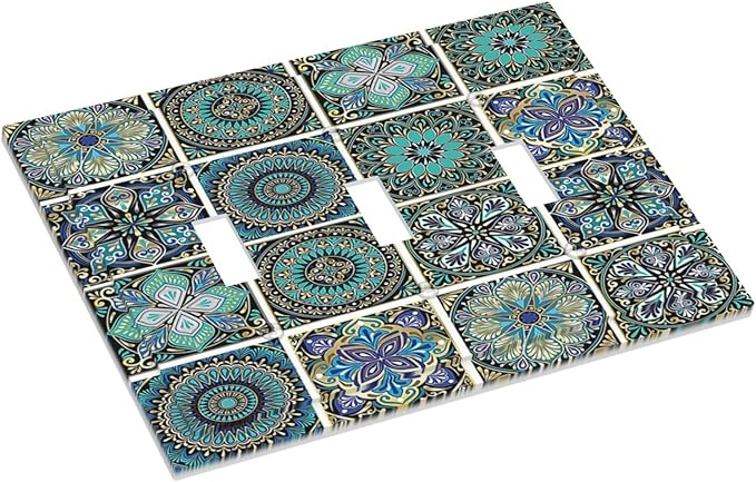 Decorative Switch Plates Mandala Decorative Rustic Vintage Turquoise Pattern 3 Gang Wall Plate Triple Toggle Light Switch Cover Faceplate Electrical Wall Panels for Bedroom Bathroom