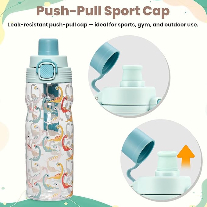 PIQUEBAR Kids insulated Water Bottle 17oz & Sport Water Bottle 24oz Set, Stainless Steel Metal Vacuum Water Bottles, Leakproof Tritan Sport Water Bottles for School Boys Girls, Blue Dinosaur
