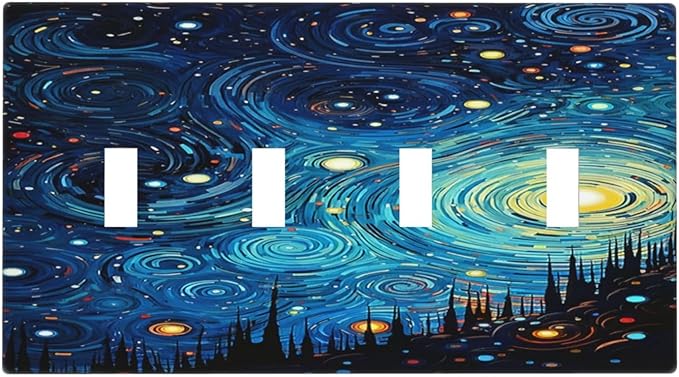 Light Switch Cover Plate Abstract Starry Night Style 4 Gang Quad Toggle Wall Plate Electrical Outlet Cover Decorative Switch Plate Covers for Home living Room Decor