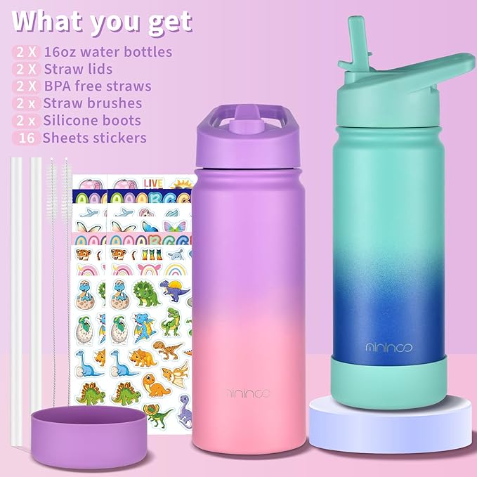 Mininoo Kids Water Bottle for School, 16oz Stainless Steel Insulated Water Bottle Kids with Straw Lid for Girls, Boys (2 Pack)