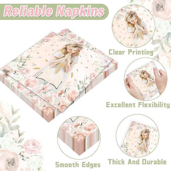 96Pcs First Communion Plates and Napkins for Baptism God Bless Party Supplies Pink Mi Primera Comunion Paper Dessert Plates Tableware Set for Girl 24 Guests Baby Birthday Christening Party Decorations
