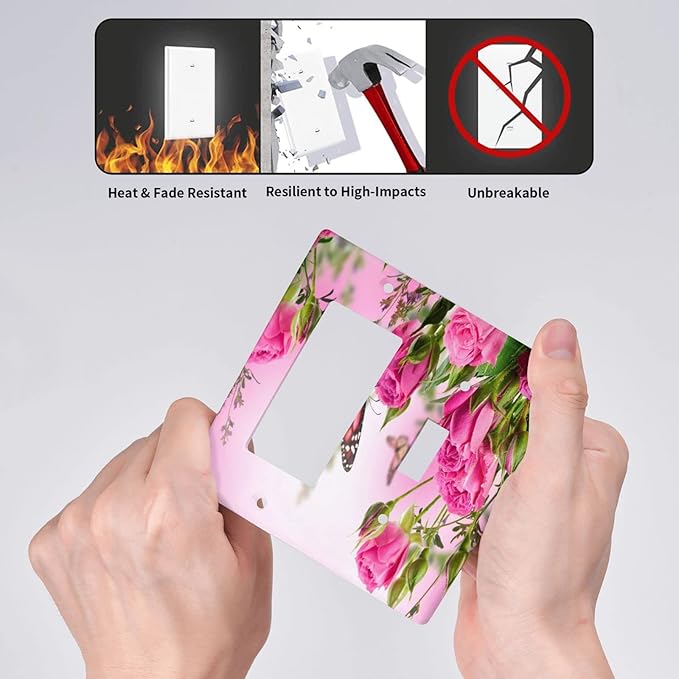 Pink Rose 2 Gang Single Toggle/Rocker Combination Light Switch Cover Decorative Wall Plate Faceplate Floral Butterfly Boys Kids Teen Girl Bedroom Room Decorate 4.5" x 4.5
