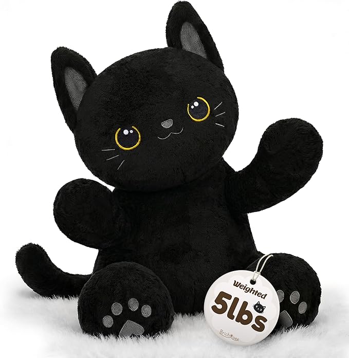 BRICHOEE 5lbs Weighted Stuffed Animals, Black Cat Plush Calming Weighted Black Cat Stuffed Animals, Cute Plush Toy Sensory Plushie Pillow Birthday Gifts for Adults Baby Kids Boys Girls