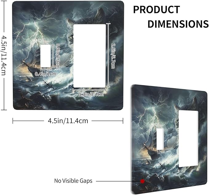 Light Switch Cover Plate funny Cat Stormy sea Lightning Sailboats 2 Gang Combo Wall Plates Toggle Rocker Decorative Switch Plates and Outlet Covers for Bathroom Kid Room Decor