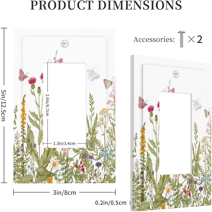 Colorful Butterfly Floral Plants Flower Vine Decorative Outlet Covers 1 Gang Single Rocker Light Switch Cover Plate Wall Plates GFCI Faceplate for Bed Room Living Room Decor