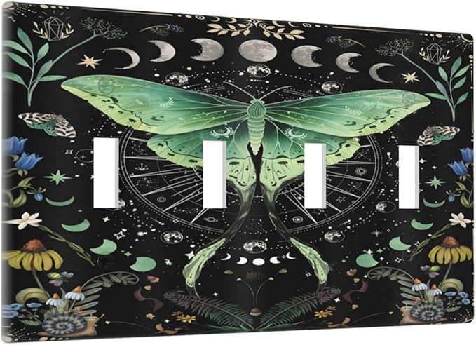 Moon Phase Butterfly Wildflower Plant Mysterious Night Moonlit Light Switch Covers Quad Toggle Electrical Faceplate 4 Gang Wall Plate Decorative Switch Plates for Bedroom Living Room Decor