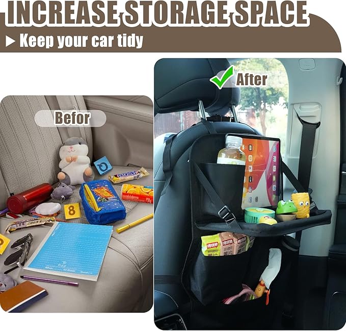 XDV Car Seat Organizers,Multi-functional Back Seat Protectors, Storage Pouches, Child kicking prevention and Tray Holders Kick Mats Back (for Cars, Kids,and Rear Seats) (Black, 2 Pack with Food Tray)