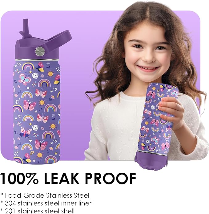 Butterfly Gifts - 16oz Purple Kids Water Bottle with Straw Lid, Stainless Steel Insulated Tumbler, Leakproof, BPA-Free, for Girls, School, Travel - Butterfly Rainbow Themed Birthday Gift Cup (1pc)