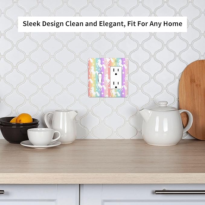 Purple Pink Girly Kid Girl Cute Colorful Rainbow Unicorn Decorative Single Toggle/Rocker Combo Light Switch Cover 2-Gang Electrical Wall Plate Double Combination Switch Decorator GFCI Receptacle Cover