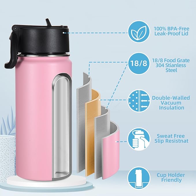 Volhoply 16 OZ Kids Water Bottle Bulk 8 Pack,Insulated Sports Bottles with Straw Lid,Stainless Steel Bottle with Handle Keep Cold & Hot,Double Wall Vacuum Tumbler Cups for School,Girls(Pink, 8)