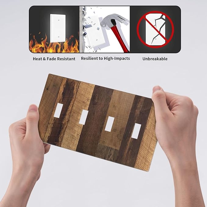 Light Switch Covers Natural Wood Brown Wooden Planks Quad Toggle Electrical Faceplate 4 Gang Wall Plate Decorative Switch Plates For Farmhouse Cabin Decor