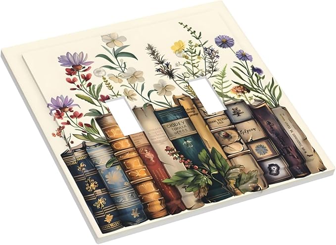 Plant Floral Books Colorful Flower Decorative Switch Plates 2 Gang Double Toggle Outlet Light Switch Cover Wall Plate Electrical Faceplate for Kids Room Bedroom Decor