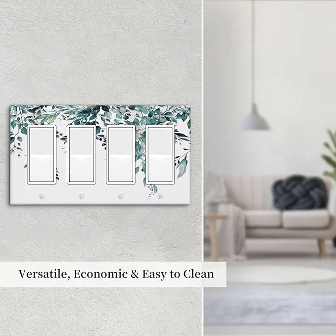 Decorative Outlet Covers Green Eucalyptus Boho Olive Leaves Country 4 Gang Wall Plate Cover Quad Rocker Decora Light Switch Covers Plate Jumbo Electrical GFCI Switch Plate Cover