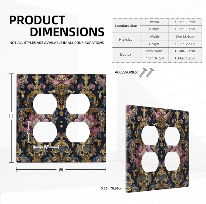Decorative Outlet Covers Rococo Pink Floral Flower Gold Leaf 2 Gang Light Switch Cover Plate Double Duplex Wall Plates for Electrical Outlets Switch Plate Covers for Bedroom Home Decor