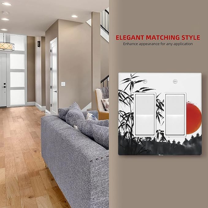 Decorative Outlet Covers Artistic Describe Black Bamboo Japanese Red Sun 2 Gang Wall Plate Double Rocker Switch Light Switch Plate Covers Jumbo Dual Electrical GFCI Switch Cover Plate
