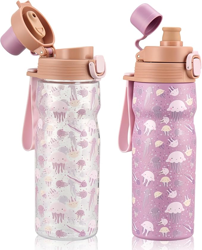 PIQUEBAR Kids insulated Water Bottle 17oz & Sport Water Bottle 24oz Set, Stainless Steel Metal Vacuum Water Bottles, Leakproof Tritan Sport Water Bottles for School Boys Girls, Pink Jellyfish