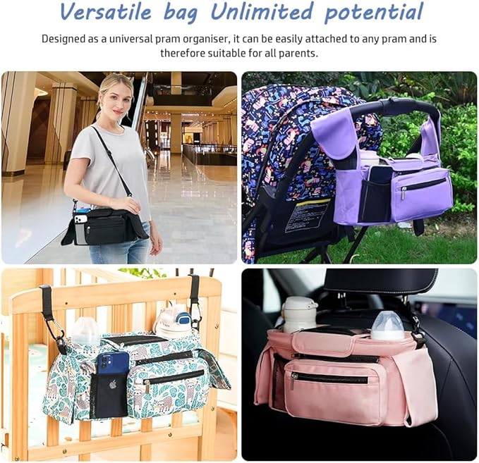 Baby Stroller Organizer, Universal Stroller Organizer with Detachable Phone Bag, Stroller Caddy with 2 Insulated Cup Holders, Buggy Organizer Bag with 2 Hooks Fits Most Strollers (Purple)