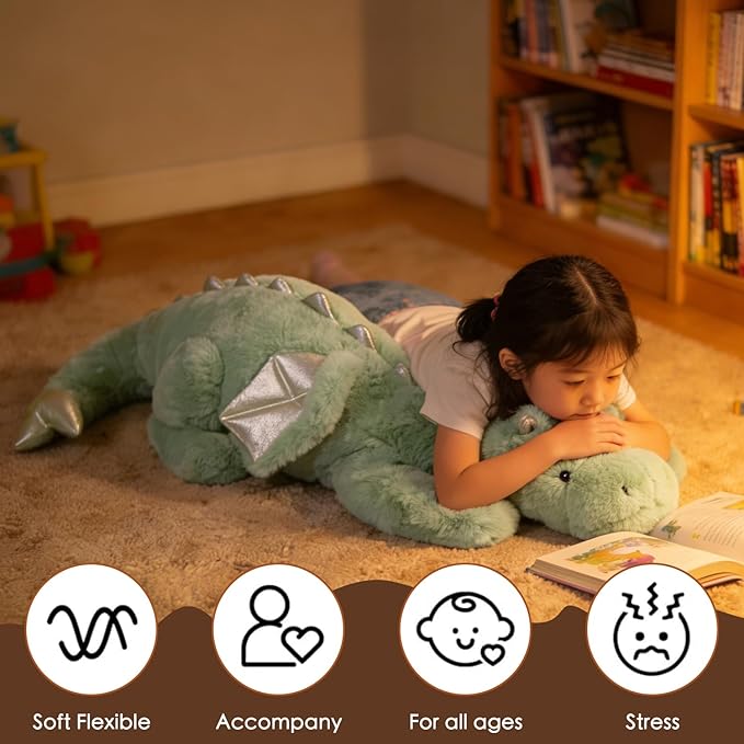 ARELUX Giant Weighted Winged Dragon Plush Toy - 35.4" 5lbs Soft Stuffed Animal for Comfort, Pterosaur Plushie Fuzzy Dinosaur Pillow Plushies Cuddly Removable and Washable Green